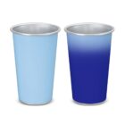 Two metal cups, one light blue and one dark blue, standing side by side on a white background.