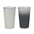 Two metal cups, one silver and one black, shown side by side on a white background.