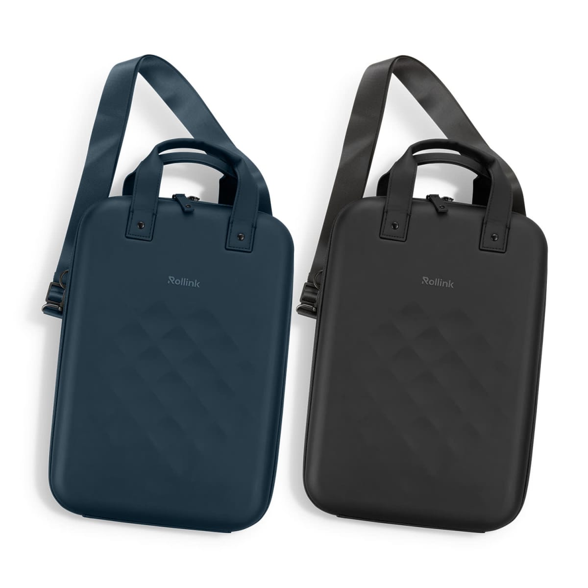 Two hard-shell shoulder bags, one navy blue and one black, with adjustable straps.
