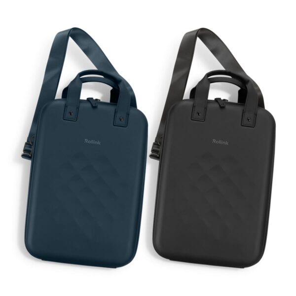 Two hard-shell slim carrying cases with shoulder straps, one blue and one black.