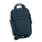 Dark blue laptop bag with a shoulder strap, handle, and zipper closure on a white background.