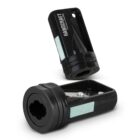 Two black, cylindrical pencil sharpeners with silver blades and Handcraft label.
