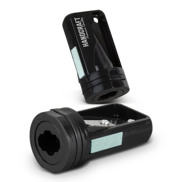 Two black handheld pencil sharpeners with Handcraft label, one upright, one lying down.