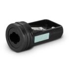 Black plastic can opener tool with a metal blade and a hexagonal hole.