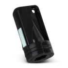 Black plastic wall-mounted toothbrush holder with a slot for a single toothbrush.