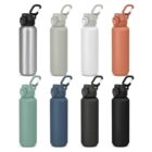 Eight reusable water bottles in various colors, each with a flip-top lid and a handle.