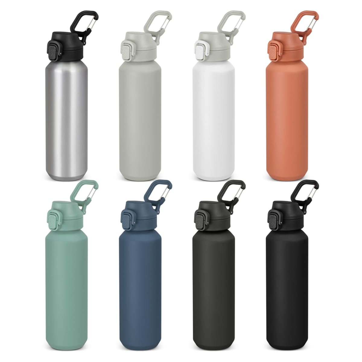 Eight reusable water bottles in various colors, each with a flip-top lid and a handle.