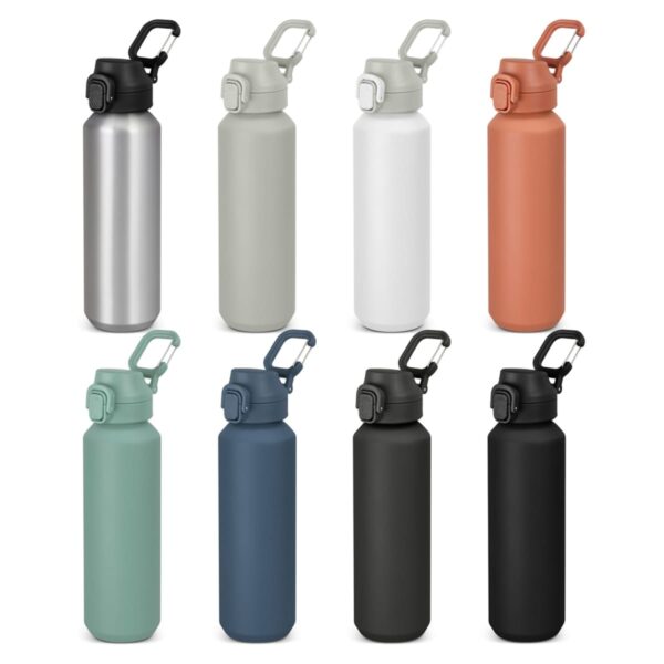 Eight reusable water bottles in various colors, each with a handle and screw-on lid.