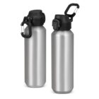 Two silver metal water bottles with black lids and carabiner clips.