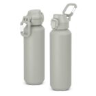 Two gray reusable water bottles with attached flip lids and carabiner clips.