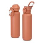 Two orange water bottles with handles and flip-top lids, shown from different angles.