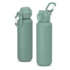 Two green reusable water bottles with flip-top lids and attached carabiner clips.