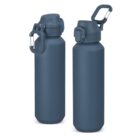 Two blue water bottles with flip caps and attached carabiner clips, shown front and back.