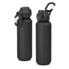 Two black water bottles with flip lids and carabiner clips, shown from different angles.