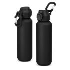 Two matte black water bottles with black lids and attached carabiner clips.