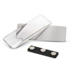 Silver name badge with a clear cover and a black magnetic backing with three round magnets.