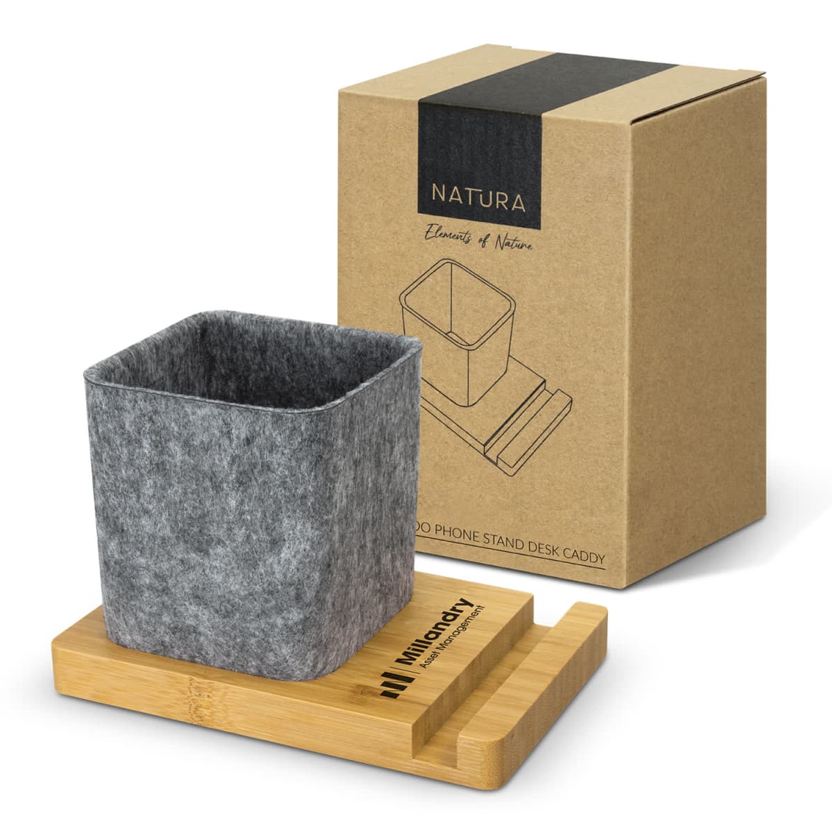 Gray felt caddy on a bamboo stand with packaging box labeled NATURA in the background.