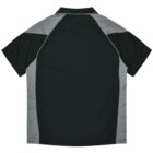 Black polo shirt with gray panels on the shoulders and sides, shown from the back.