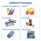 A grid with six types of additional packaging: full-color custom header card, envelope, custom gift box, tin packaging, full-color custom paper girdle, and counter display, each with example images.