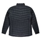 Black quilted jacket laid flat, shown from the back with long sleeves and a collar.