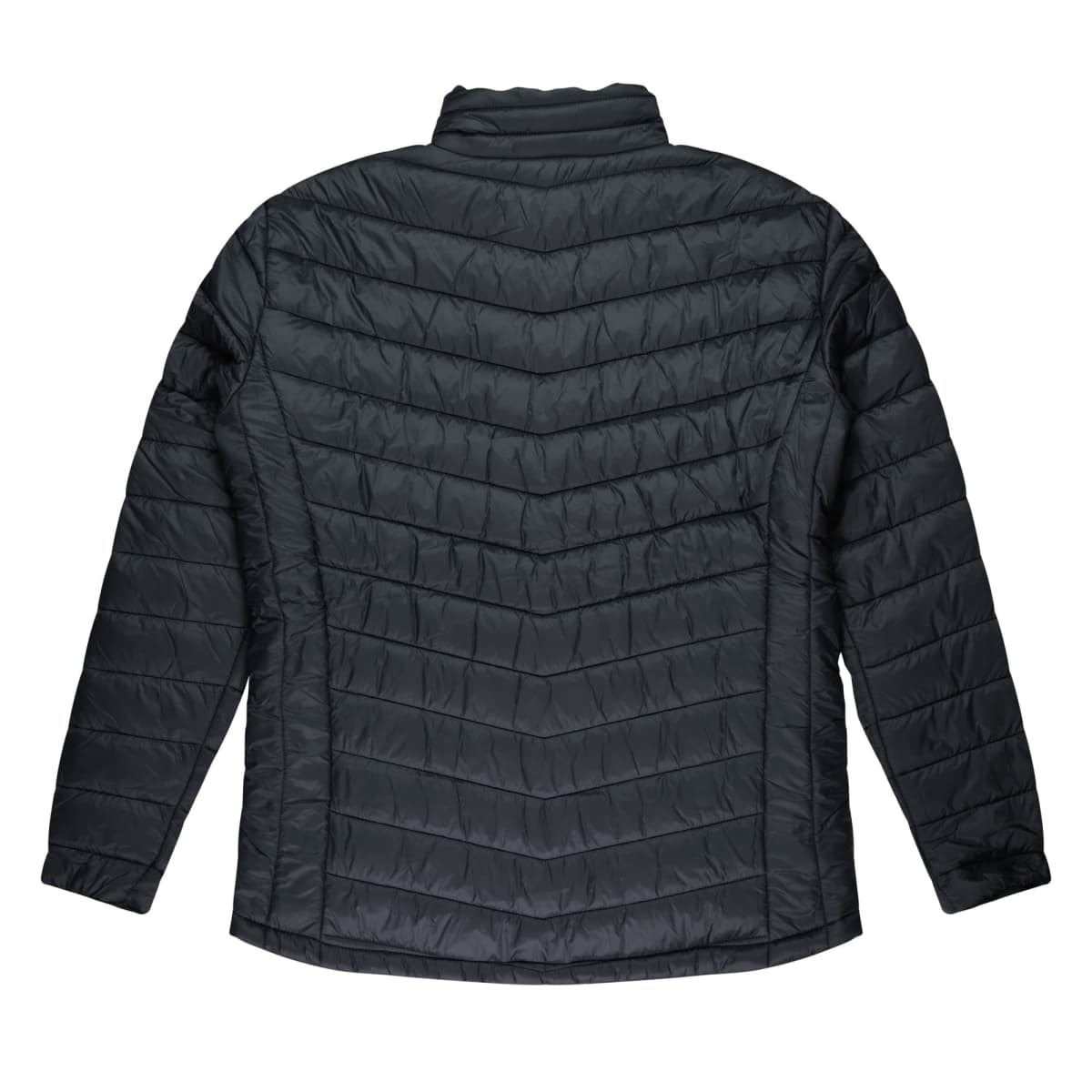 Black quilted jacket laid flat, shown from the back with long sleeves and a collar.
