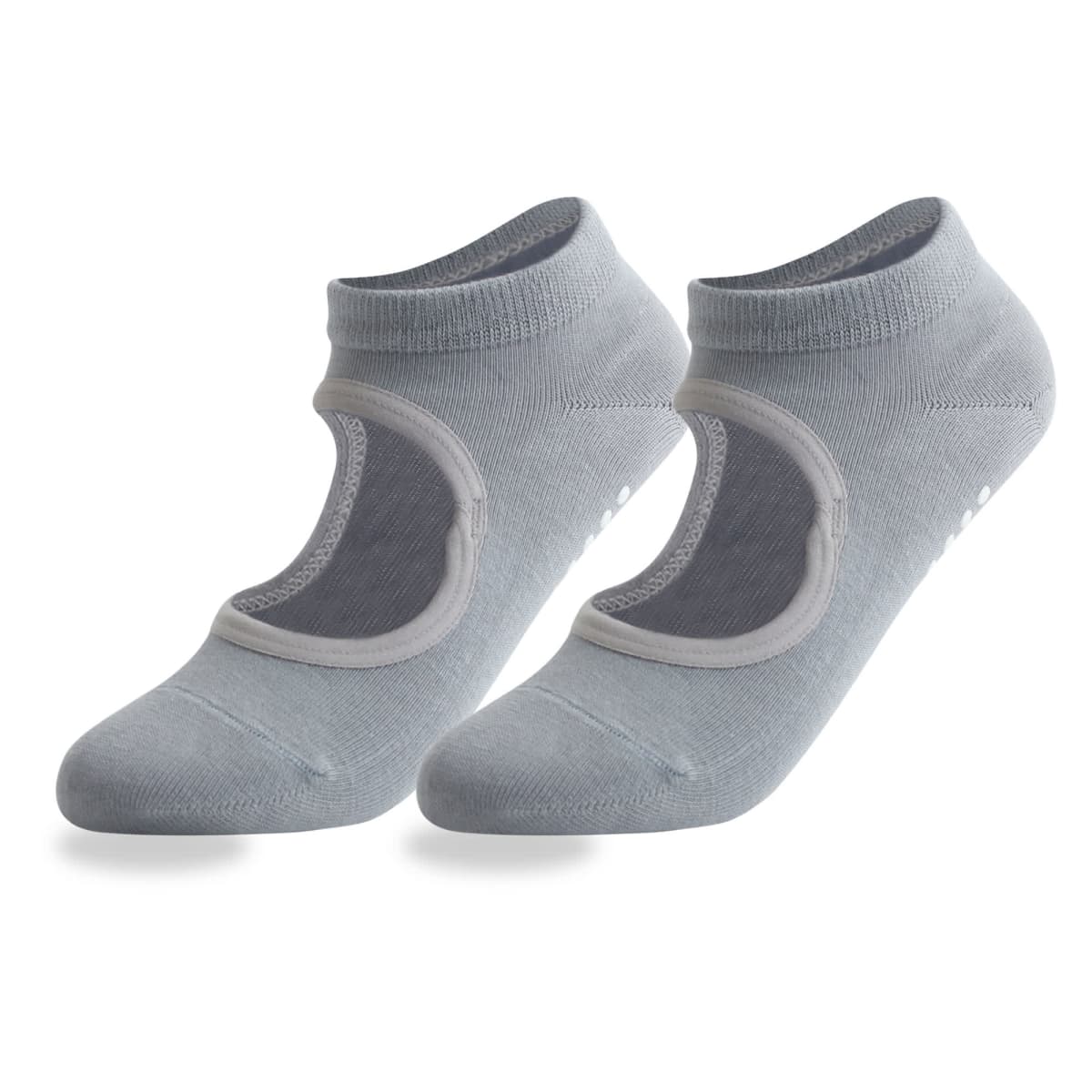 A pair of light grey, low-cut yoga socks with open tops and non-slip grips on the soles. The socks are shown side by side against a white background.