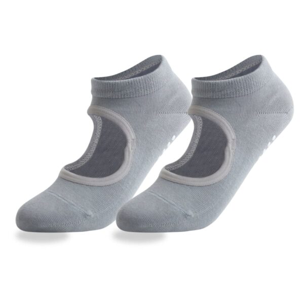 A pair of light gray ballet-style socks with non-slip grips on the soles, featuring a large cutout on the top and an elastic band around the opening for a secure fit.