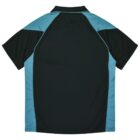 Black and teal short-sleeve polo shirt, viewed from the back.