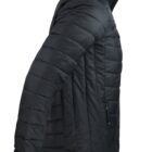 Black puffer jacket with zipper, shown from the side against a white background.