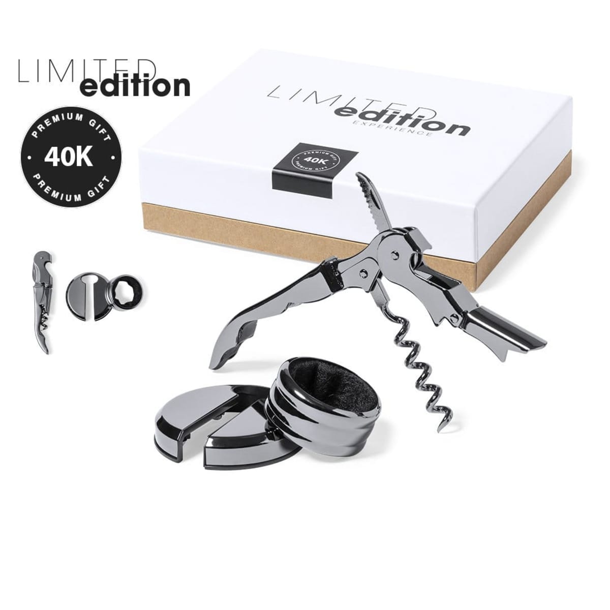 Silver wine opener set with corkscrew, foil cutter, and box labeled Limited Edition.