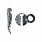 Silver corkscrew, bottle opener, and round wine bottle stopper set on a white background.