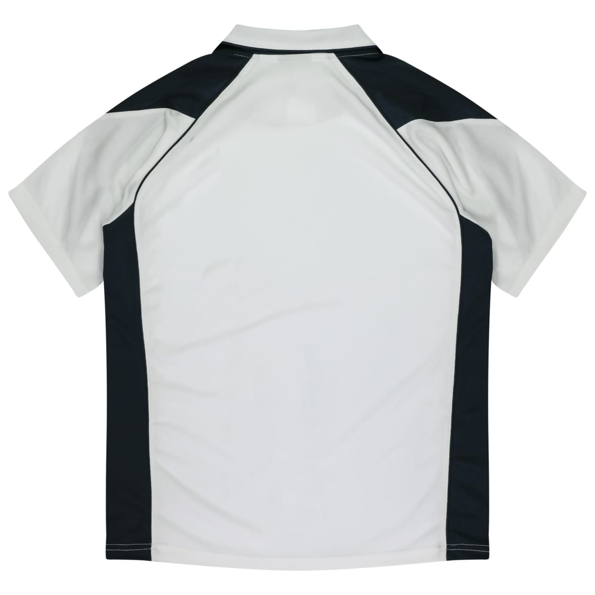 White short-sleeve sports shirt with black side panels, shown from the back.