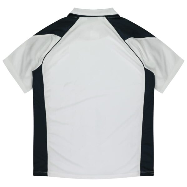 White and black short-sleeve sports jersey shown from the back against a white background.