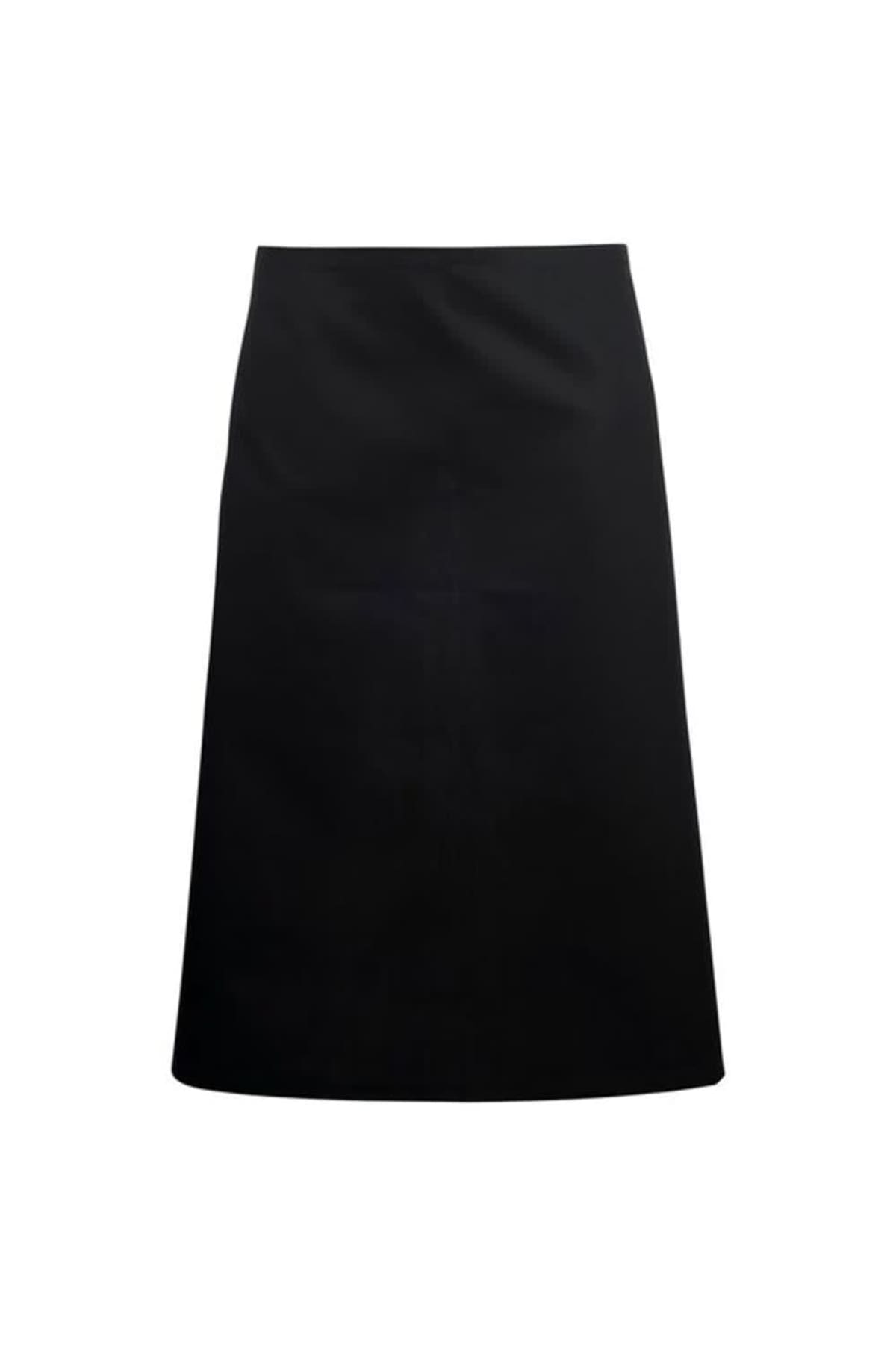 A plain black knee-length A-line skirt on a white background.