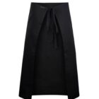 Black waist apron with a front tie and open sides on a white background.