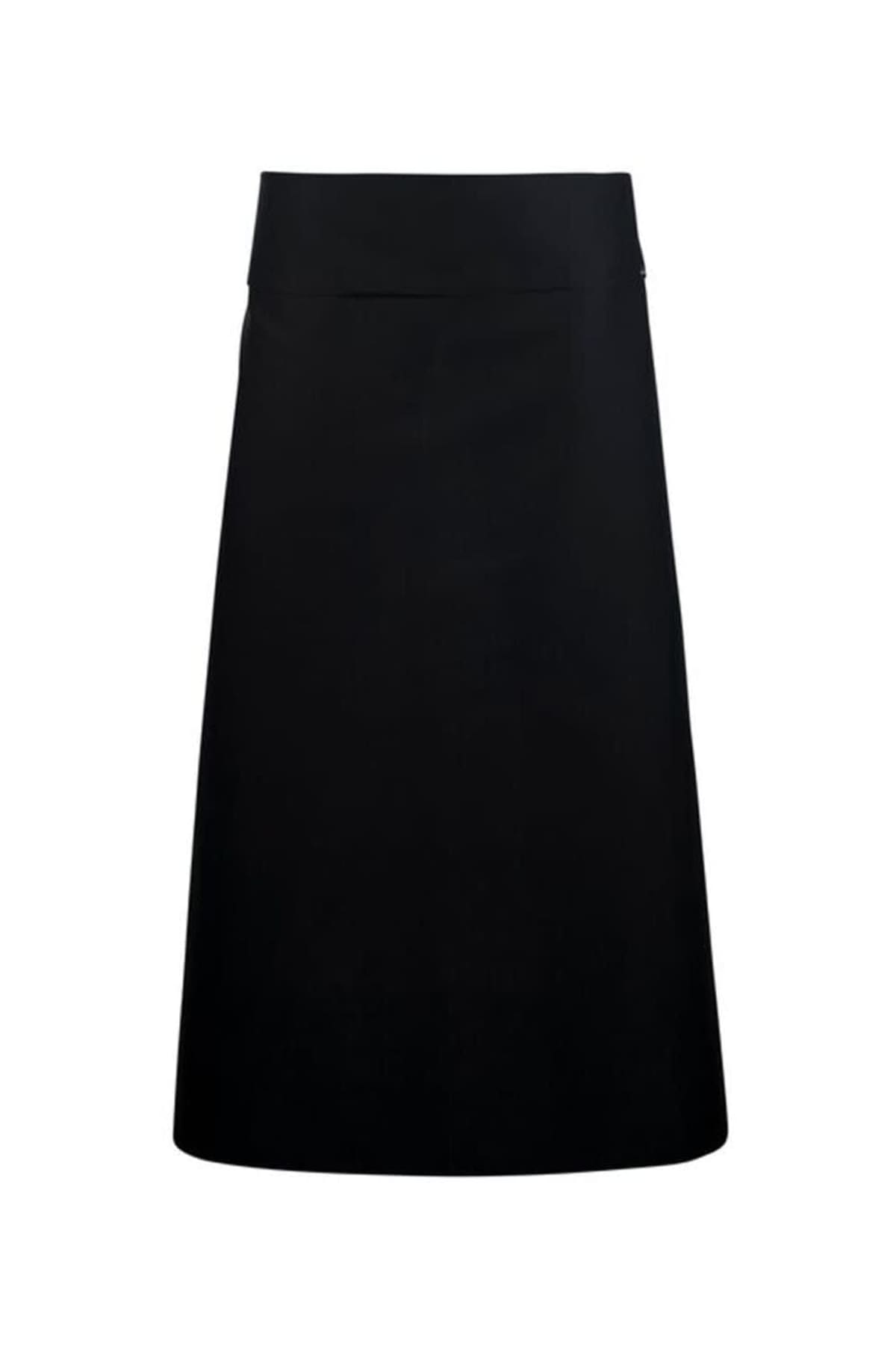 Black waist apron with a simple, straight design on a white background.
