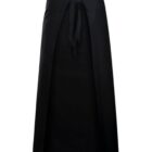 Black midi wrap skirt with a front tie, displayed on a white background.