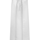 White waist apron with a front tie and an open front slit, displayed on a plain background.