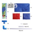 Contents of a bean bag toss game set displayed: a folded game board cover, one red and one blue bean bag, corner connectors, and poles of varying lengths, alongside packaging and instructions.