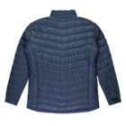 Navy blue puffer jacket laid flat, viewed from the back.