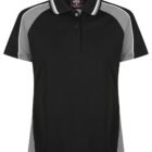 Short-sleeve black polo shirt with gray side panels and white-striped collar.