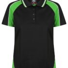 Black polo shirt with green and white accents on shoulders and sides, front view.