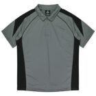 Gray and black short-sleeve polo shirt with a collar and two buttons, laid flat.