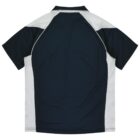 Back view of a short-sleeve navy blue and white sports shirt with a collar.
