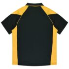 Short-sleeved shirt with black center and yellow panels on sleeves and sides, viewed from back.