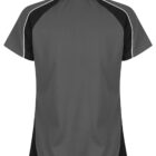 Back view of a short-sleeve gray polo shirt with black accents and white piping.