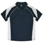 Black and white short-sleeve polo shirt with a collar and button placket.