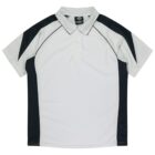 White polo shirt with black side panels and black accents on the shoulders and sleeves.