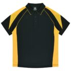 Black polo shirt with yellow side panels and black-and-yellow sleeves, front view.