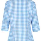 Back view of a blue and white checked shirt with elbow-length sleeves.